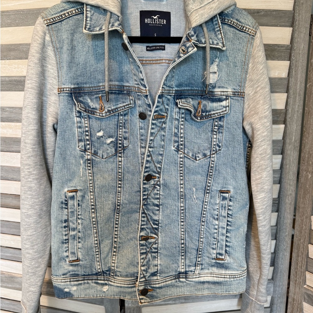 Unisex Hollister Blue Lightweight Denim Jacket with Gray Fleece Sleeves/Hood